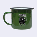 A dark green enamel camp-style mug with a black rim and handle, featuring a cartoon robot graphic holding a pennant flag that reads 'GIANT ROBOT'.