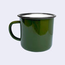 A glossy dark green enamel mug with a black rim and a white interior, shown against a light gray background.