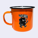 Bright orange enamel mug with a graphic of a black robot with a white outline, toting a rippled flag that reads "Giant Robot." Rim of the mug is lined black with a white interior.