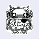 Black and white sticker of an illustrated short, cute robot with a large head. Its body is see thru and has bead balls inside of it and reads "giant robot"