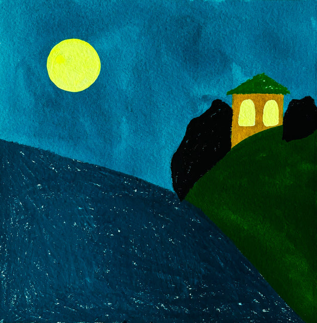 Sketch painting of a yellow house on a green hill with teal water nearby.