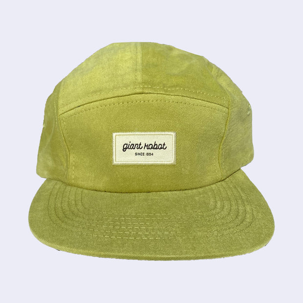 Green 5 panel cap, with a cream colored rectangle embroidering in the center that reads "giant robot' in lowercase cursive and "since 1994" in smaller, caps font below.