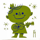 A stylized green cartoon figure with blue outlines playing a guitar, surrounded by small green star and dot shapes on a white background.
