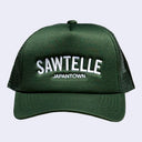 Dark green snapback cap with mesh backing. Text reads "SAWTELLE" in large white sans serif font with "Japantown" written below in smaller, matching font.