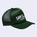 Dark green snapback cap with mesh backing. Text reads "SAWTELLE" in large white sans serif font with "Japantown" written below in smaller, matching font. Side view.