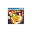 Colored pencil illustration of Greymon from Digimon standing in a computer window.