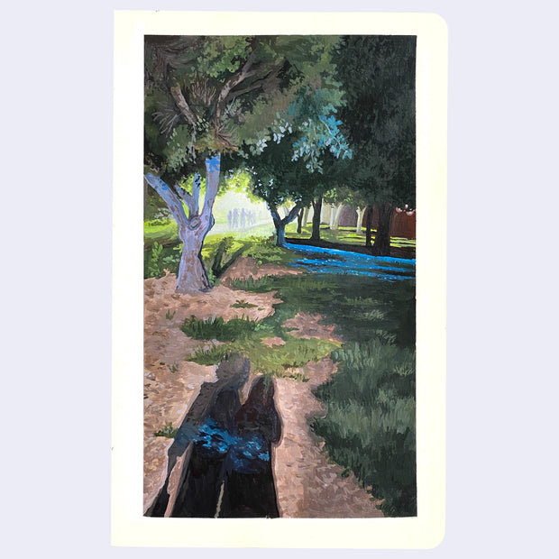 Painting of 2 people's shadows at night, as they walk through a park. A bright light illuminates silhouettes far away and blue light comes in from the side.