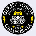 Circular logo with text 'Giant Robot' and a robot illustration on a light purple background