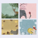 A 2x2 collage of illustrated winter-themed scenes: a deer under a tree, an elephant by cherry blossoms, acorns falling on a squirrel, and a polar bear playing a gong in snow.
