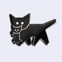 A black enamel pin shaped like a cat carrying a small kitten, outlined in silver metal, set against a light gray background.