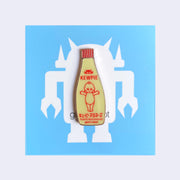 Die cut enamel pin of a bottle of Kewpie brand mayonnaise, with an added "giant robot" written small along the bottom. It sits on a blue and white backing card.