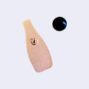 Back view of die cut enamel pin, shaped like a bottle of Kewpie mayonnaise. It has one pin prong and a black rubber pin backing.
