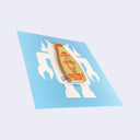 Side view of die cut enamel pin of a Kewpie bottle of mayonnaise, displaying a subtle sheen.