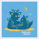 Illustration of three deer on a blue background with 'thank you' text.