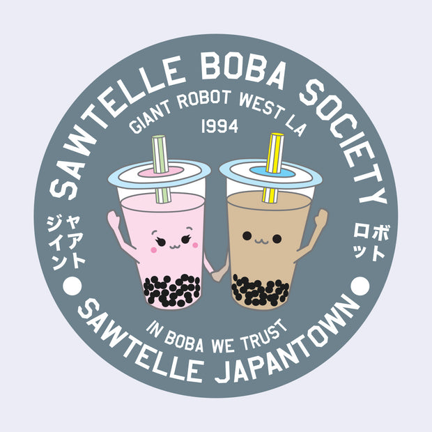 Circular sticker with boba drink characters holding hands and text on a light blue background
