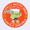 Circular logo with a cartoon character holding a cup, featuring text about Matcha and Sawtelle Japantown.