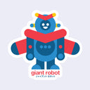 Cartoon robot with red accents on a light purple background, featuring the brand 'giant robot'.
