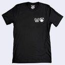Black t-shirt with a white graphic on the chest against a light gray background