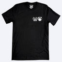 Black t-shirt with a white graphic on the chest against a light gray background