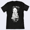 Black t-shirt with a graphic design of a character sitting on a box, featuring the brand 'SHISHIDOMIA'.