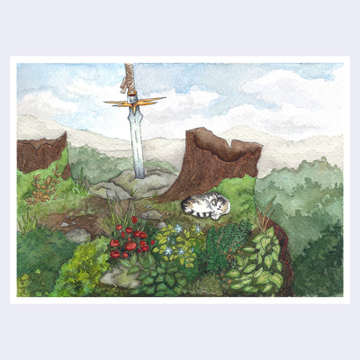 Watercolor illustration of a lush hilltop, with 2 hollow tree stumps. A small cat rests against the stump, one eye closed and the other looking to the side. In between the trees, a large sword is partially pushed into a rock. The hilt of the sword has a cat on it.