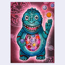 Painting of a capsule machine shaped like a cute, cartoon Godzilla waving.