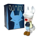 Resin figure of a girl with long blonde hair, gold hoops and baggy clothing. She has an open mouth with only one tooth and her face is covered by a white fox hood, which drops down to have multiple tails.