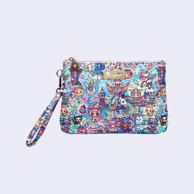 Small rectangular pouch with wrist strap. Features pastel pink colored fabric detailing, around the zipper and as the handles/straps. Bag has a small "tokidoki" nameplate on the upper center and is covered completely in a busy colorful pattern featuring tokidoki characters with with galactic and sci fi imagery.