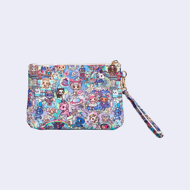 Small rectangular pouch with wrist strap. Features pastel pink colored fabric detailing, around the zipper and as the handles/straps. Bag has a small "tokidoki" nameplate on the upper center and is covered completely in a busy colorful pattern featuring tokidoki characters with with galactic and sci fi imagery.