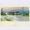 An impressionist landscape painting depicting a quiet street with houses, mountains in the background, and a soft pink and blue sky, presented on a light background.