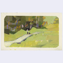 A painting depicting a park scene with a path leading through green grass toward a cluster of trees, rendered in a geometric, painterly style. The artwork is centered on a light gray background.