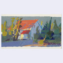 An abstract landscape painting of a house with a red-orange roof, surrounded by stylized trees and foliage in blue, green, yellow, and purple tones, presented on a light gray background.