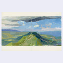 An impressionist landscape painting on a two-page paper, depicting rolling green hills under a blue sky with dark clouds, presented against a light gray background.