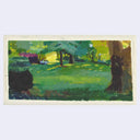 An impressionistic landscape painting on a rectangular sheet of paper, featuring vibrant greens, yellows, and earthy brown tones, set against a light gray background.