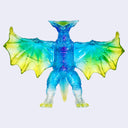 A translucent dragon figurine with vibrant blue, green, and yellow gradient wings, standing on a light gray background.