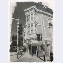 An impressionistic painting of a narrow city street with a prominent multi-story Victorian-style building, rendered in grayscale tones with small red and blue accents near the lower left.