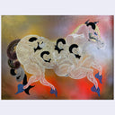 Artistic depiction of a horse with abstract human figures on a colorful background