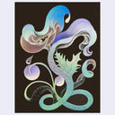 Colorful abstract design with flowing lines and shapes on a black background