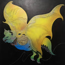 Colorful bat-like creature with large wings on a black background