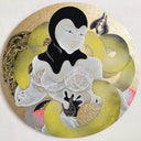 Artistic depiction of a figure surrounded by abstract elements on a circular background