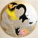 Circular artwork with abstract figures and shapes on a beige background