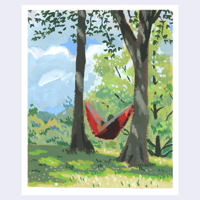 Plein air painting of a person laying in a red hammock which is tied between 2 trees. A cloudy blue sky is out in the background.