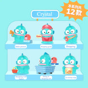 Set of six turquoise figurines with different poses on a blue background, labeled 'Crystal'.