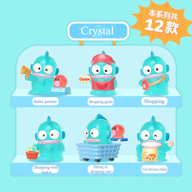 Set of six turquoise figurines with different poses on a blue background, labeled 'Crystal'.