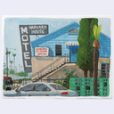 A painting of the iconic 'Harvard House' motel in Los Angeles, featuring a blue building, a tall black-and-white sign, a green tree, and a silver car, presented on a light gray background.