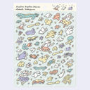 Sheet of colorful cartoon stickers with various characters on a clear background.