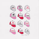Illustrations of various hats with different text designs on a white background