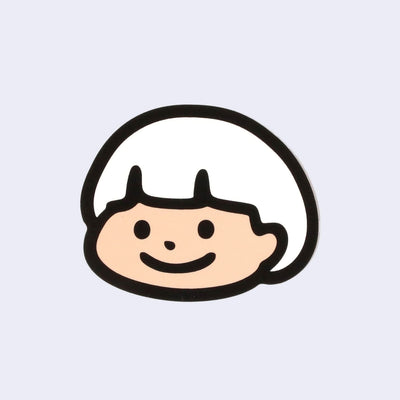Illustration of a cartoon character with a light tan face and white hair on a light gray background