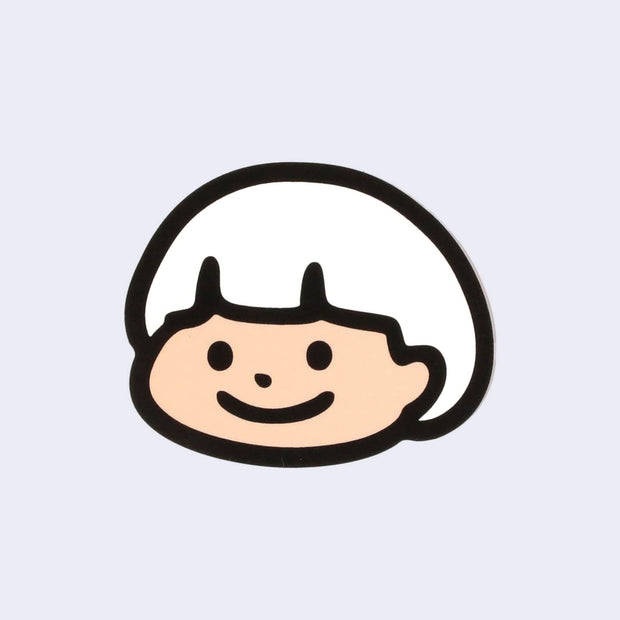 Illustration of a cartoon character with a light tan face and white hair on a light gray background