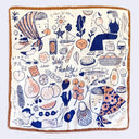 Square handkerchief with illustrations of a girl and fruits, sea themed items and lifestyle items. 